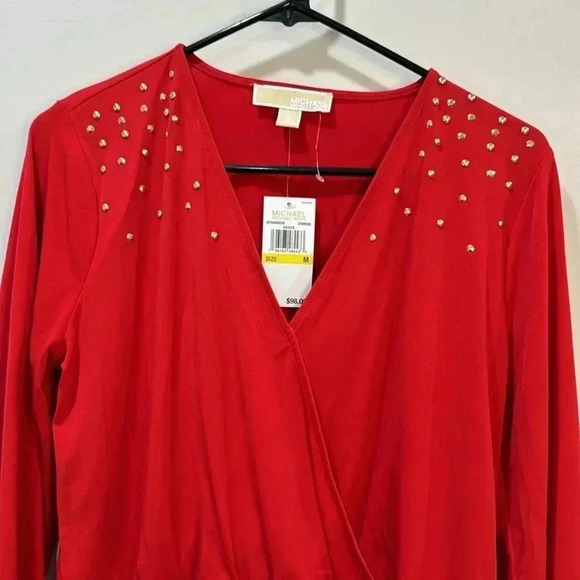 Michael Kors Gold Rhinestone V-Neck Long Sleeve Wrap Top - Size M - Picture 3 of 12